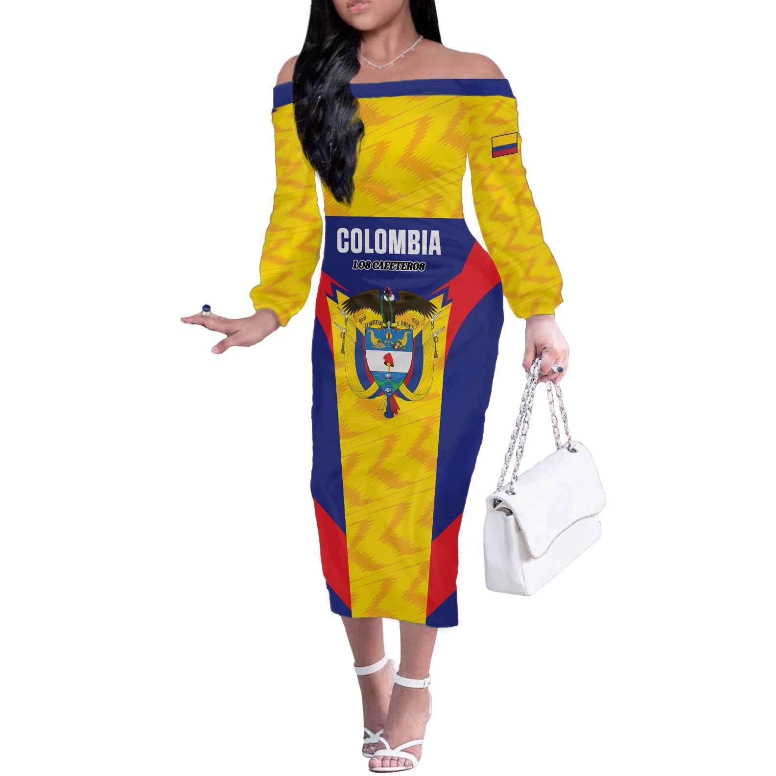 Custom Football Colombia Off The Shoulder Long Sleeve Dress Los Cafeteros Go Champions