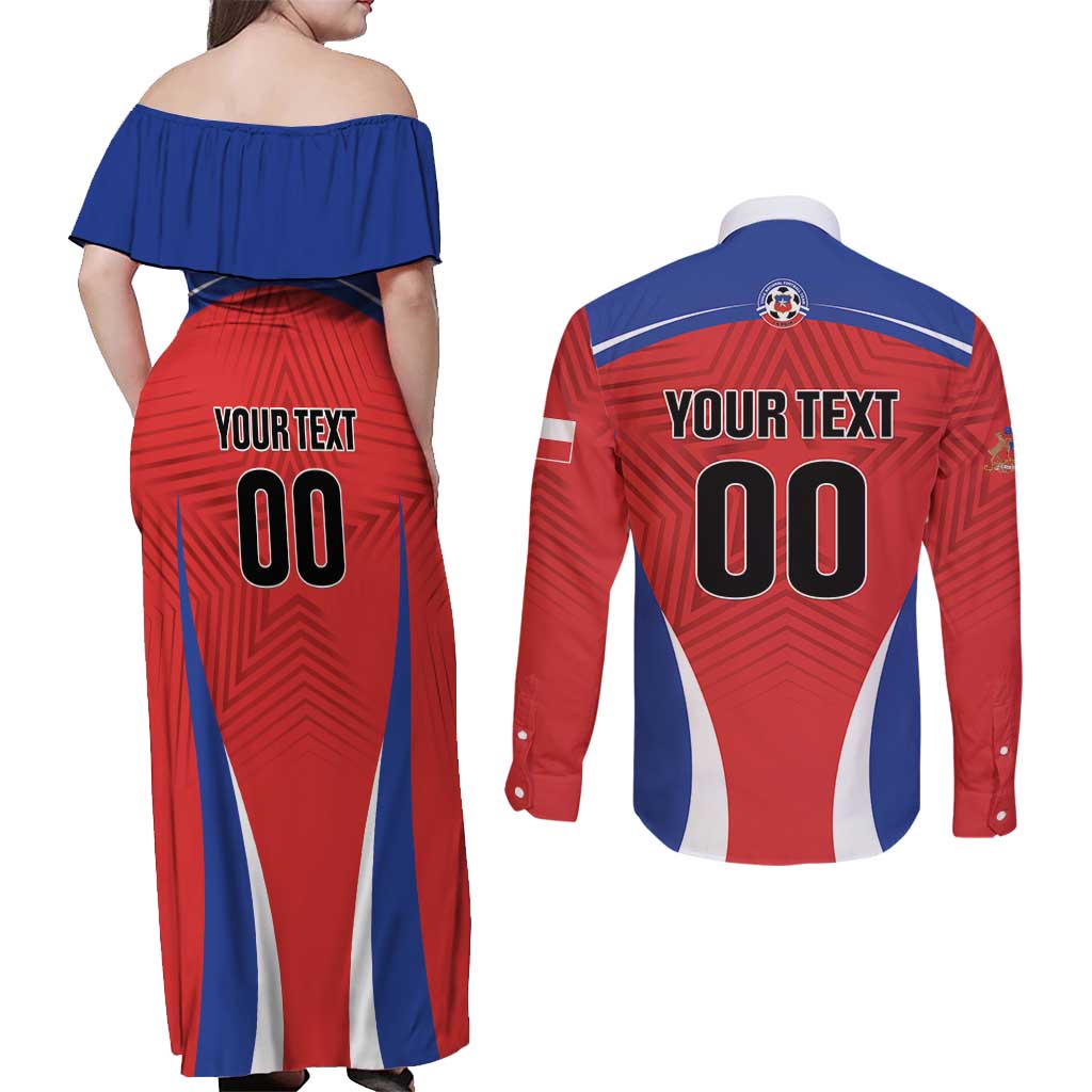 Custom Football Chile Football Couples Matching Off Shoulder Maxi Dress and Long Sleeve Button Shirt La Roja Go Champions