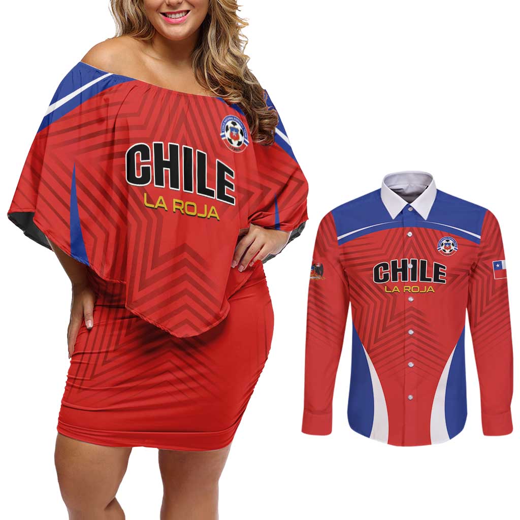 Custom Football Chile Football Couples Matching Off Shoulder Short Dress and Long Sleeve Button Shirt La Roja Go Champions