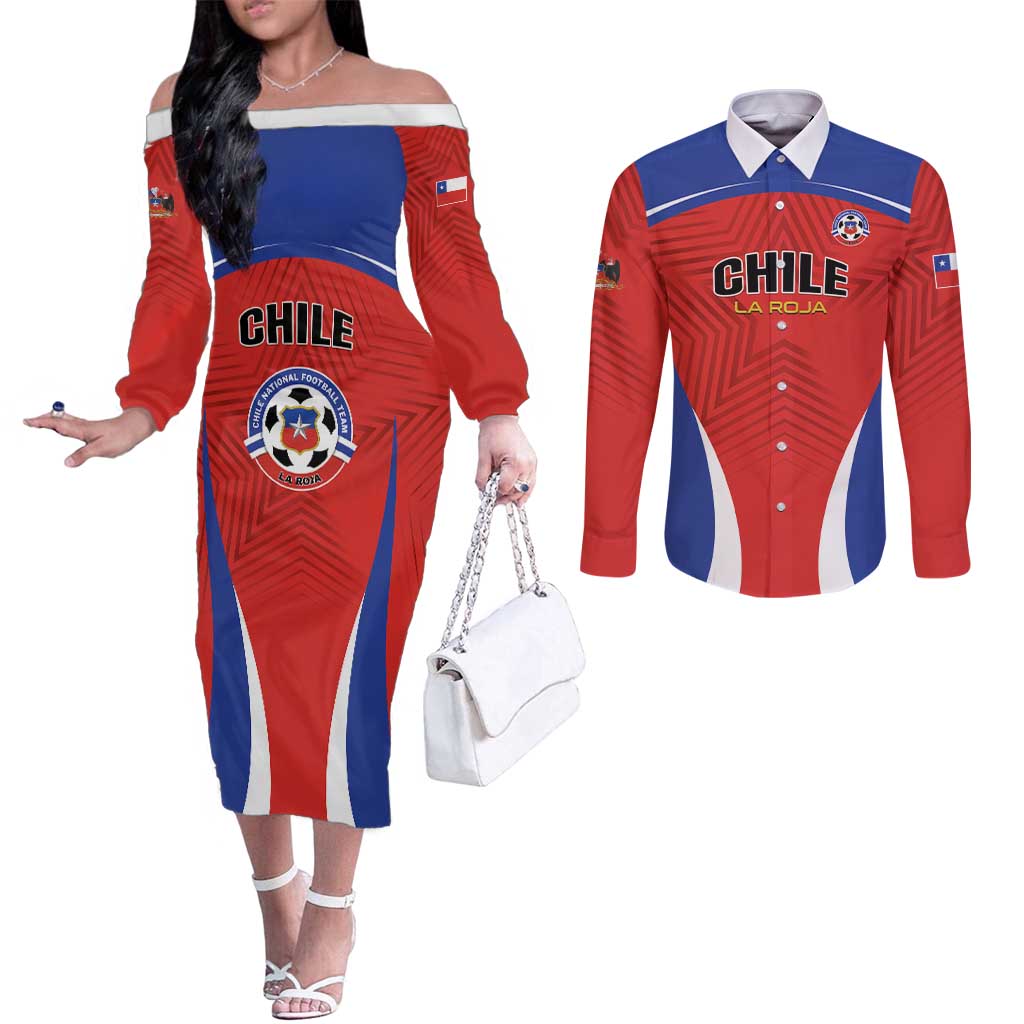 Custom Football Chile Football Couples Matching Off The Shoulder Long Sleeve Dress and Long Sleeve Button Shirt La Roja Go Champions