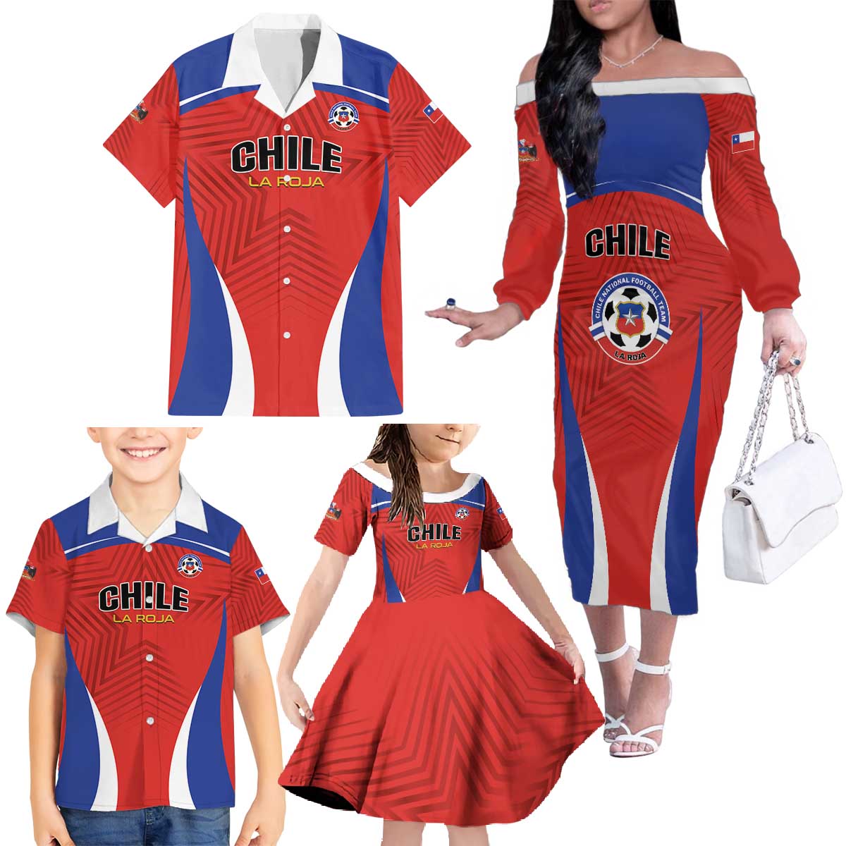 Custom Football Chile Football Family Matching Off The Shoulder Long Sleeve Dress and Hawaiian Shirt La Roja Go Champions