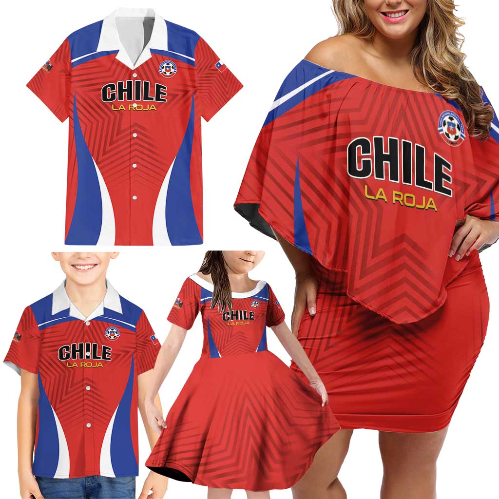 Custom Football Chile Football Family Matching Off Shoulder Short Dress and Hawaiian Shirt La Roja Go Champions