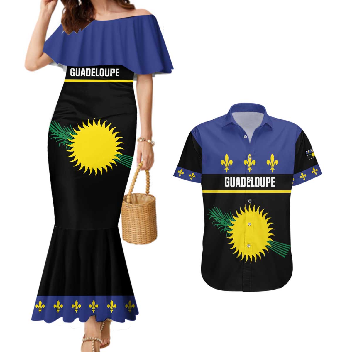 Guadeloupe Couples Matching Mermaid Dress and Hawaiian Shirt Rejyon Gwadloup Black Version