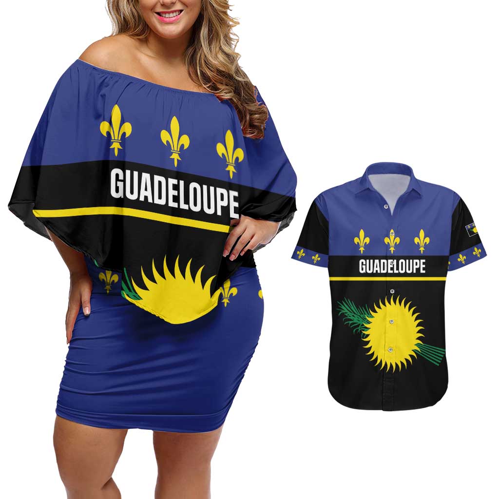 Guadeloupe Couples Matching Off Shoulder Short Dress and Hawaiian Shirt Rejyon Gwadloup Black Version
