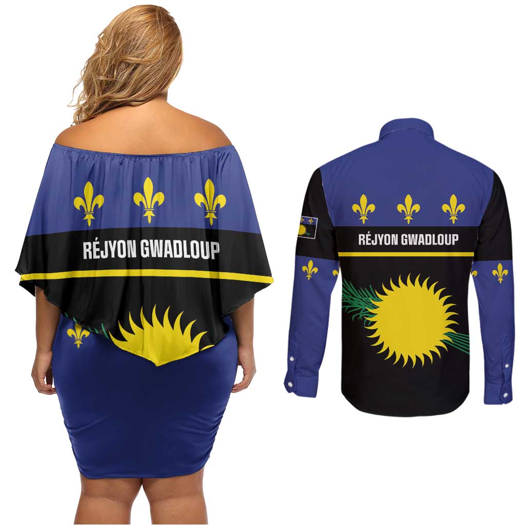 Guadeloupe Couples Matching Off Shoulder Short Dress and Long Sleeve Button Shirt Rejyon Gwadloup Black Version
