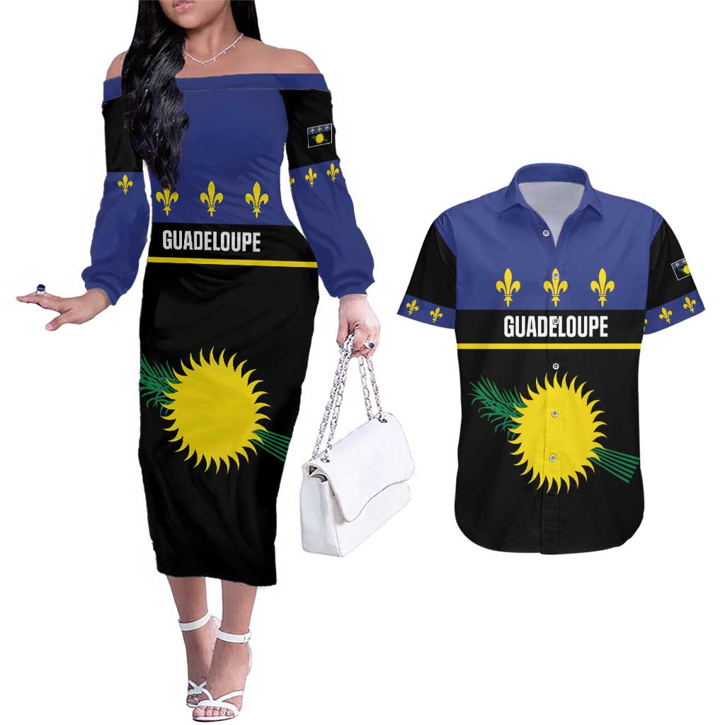 Guadeloupe Couples Matching Off The Shoulder Long Sleeve Dress and Hawaiian Shirt Rejyon Gwadloup Black Version