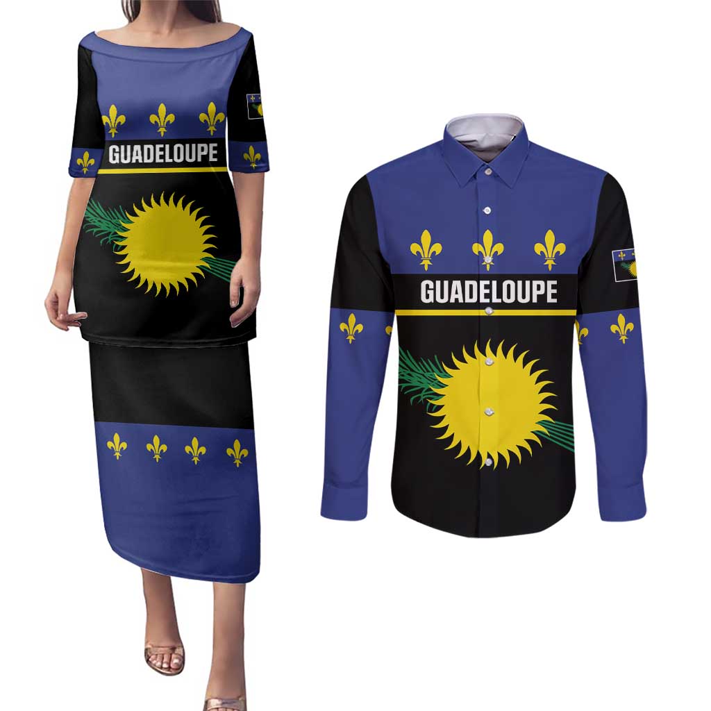Guadeloupe Couples Matching Puletasi and Long Sleeve Button Shirt Rejyon Gwadloup Black Version