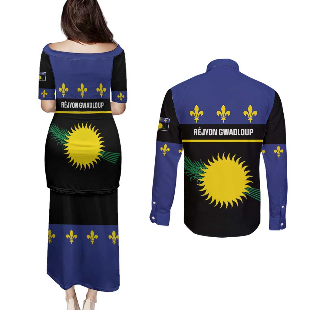 Guadeloupe Couples Matching Puletasi and Long Sleeve Button Shirt Rejyon Gwadloup Black Version