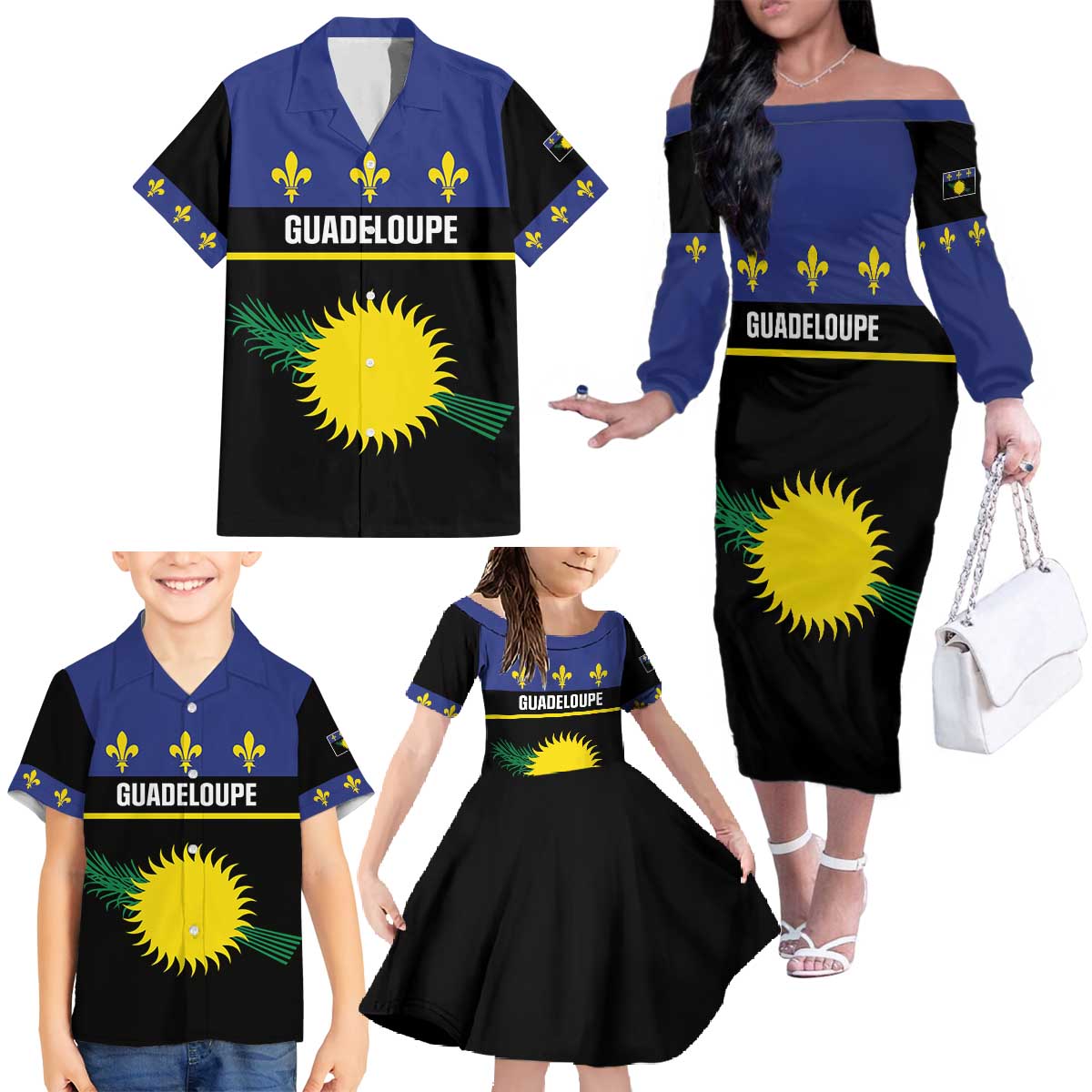 Guadeloupe Family Matching Off The Shoulder Long Sleeve Dress and Hawaiian Shirt Rejyon Gwadloup Black Version