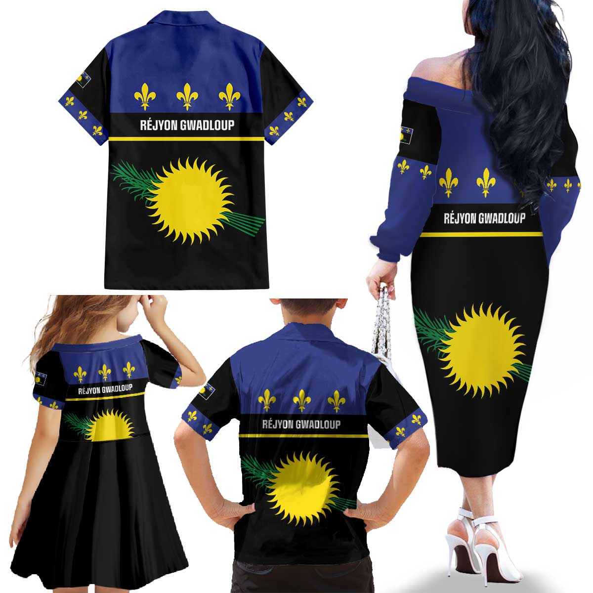 Guadeloupe Family Matching Off The Shoulder Long Sleeve Dress and Hawaiian Shirt Rejyon Gwadloup Black Version