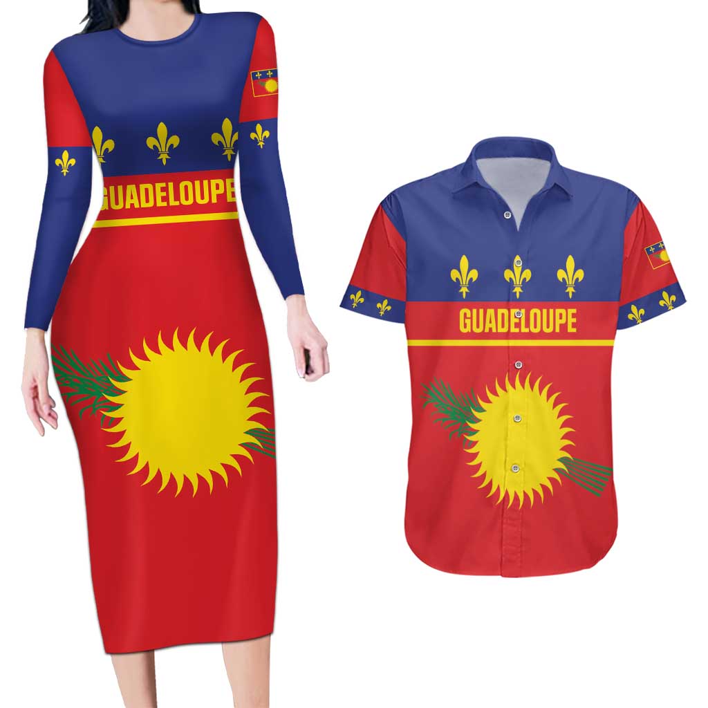 Guadeloupe Couples Matching Long Sleeve Bodycon Dress and Hawaiian Shirt Rejyon Gwadloup Red Version