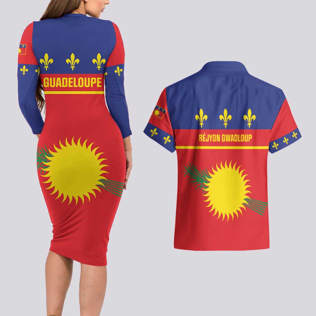 Guadeloupe Couples Matching Long Sleeve Bodycon Dress and Hawaiian Shirt Rejyon Gwadloup Red Version