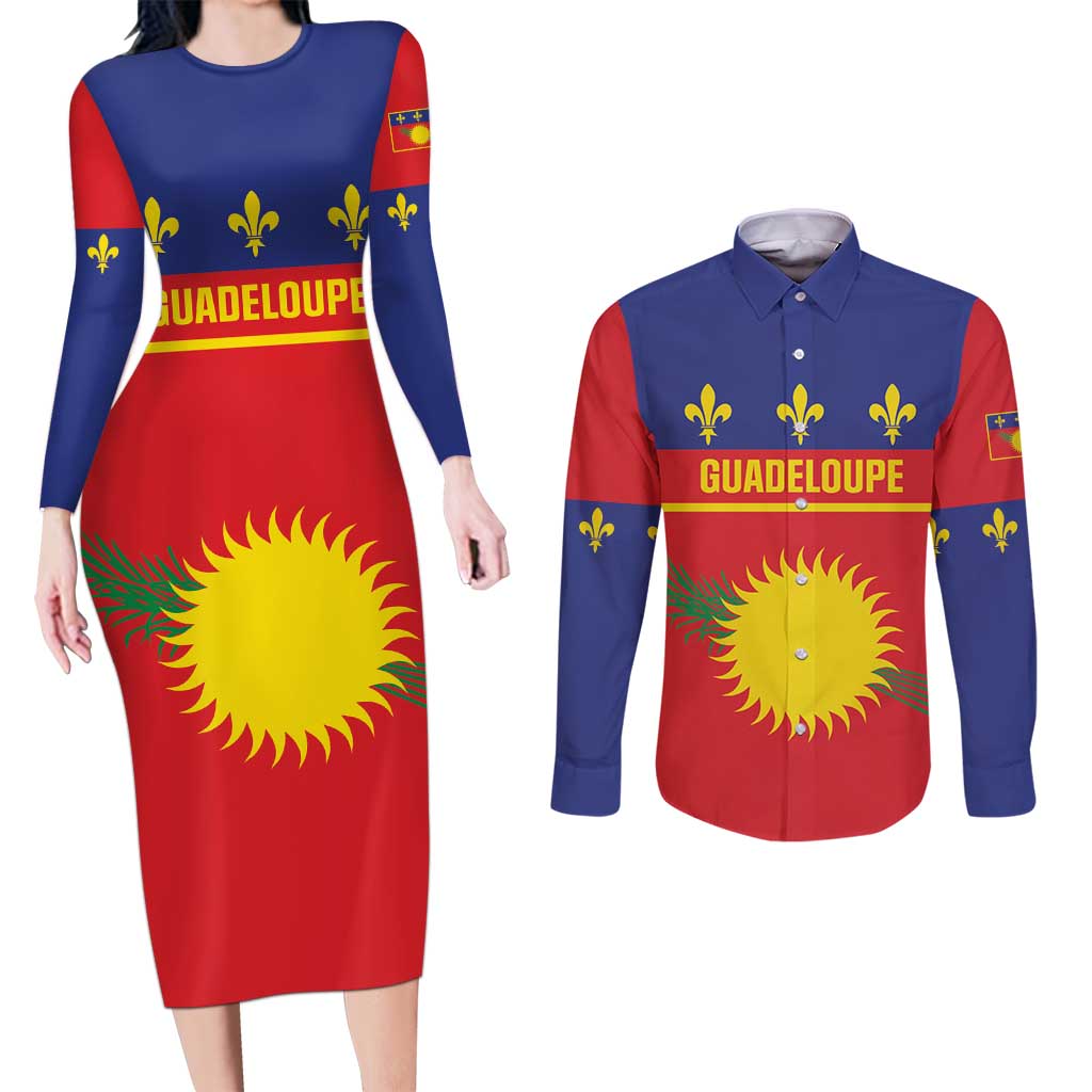 Guadeloupe Couples Matching Long Sleeve Bodycon Dress and Long Sleeve Button Shirt Rejyon Gwadloup Red Version
