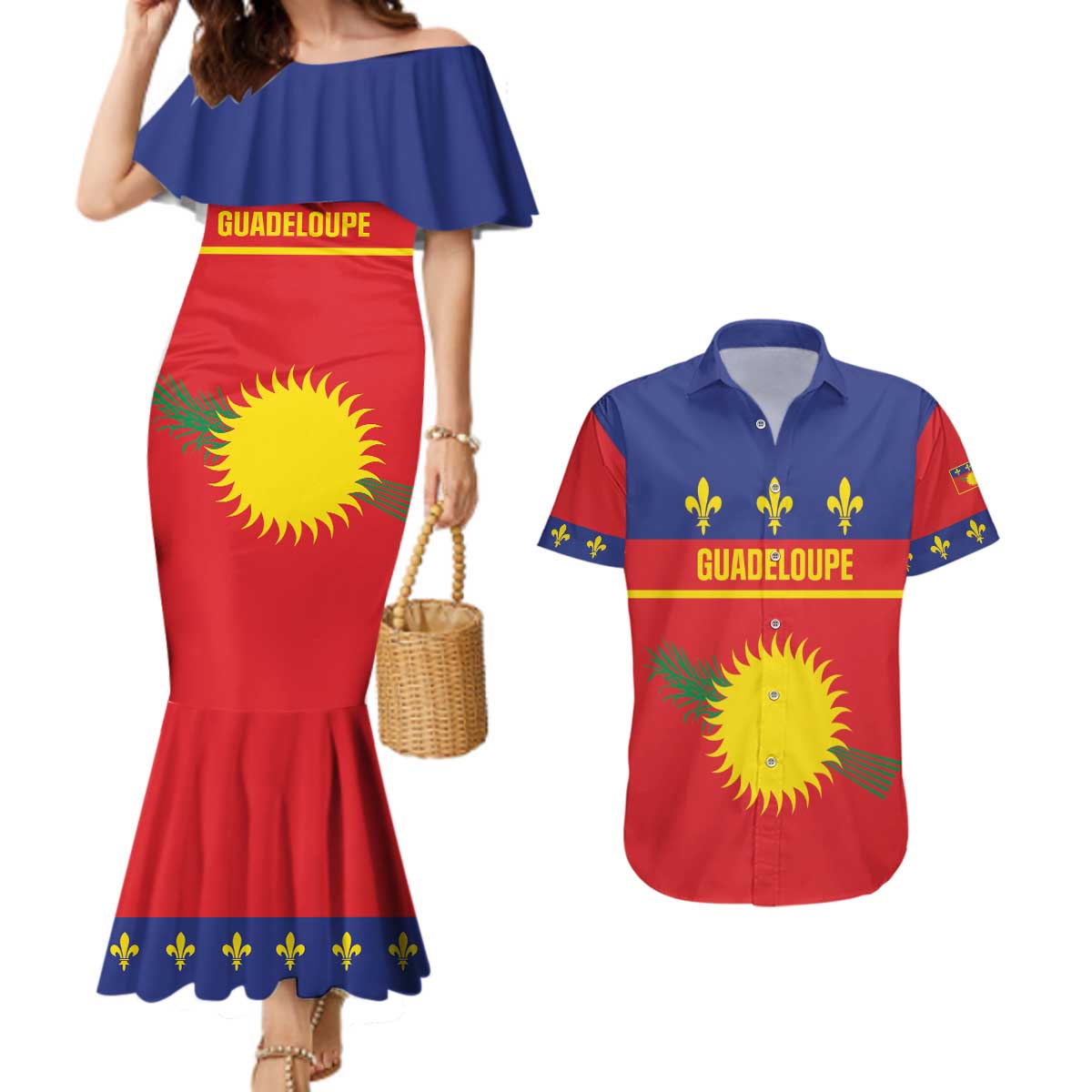Guadeloupe Couples Matching Mermaid Dress and Hawaiian Shirt Rejyon Gwadloup Red Version