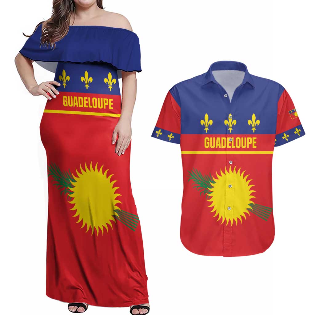 Guadeloupe Couples Matching Off Shoulder Maxi Dress and Hawaiian Shirt Rejyon Gwadloup Red Version