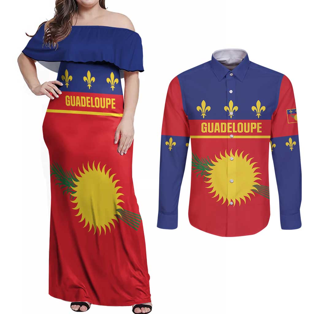 Guadeloupe Couples Matching Off Shoulder Maxi Dress and Long Sleeve Button Shirt Rejyon Gwadloup Red Version