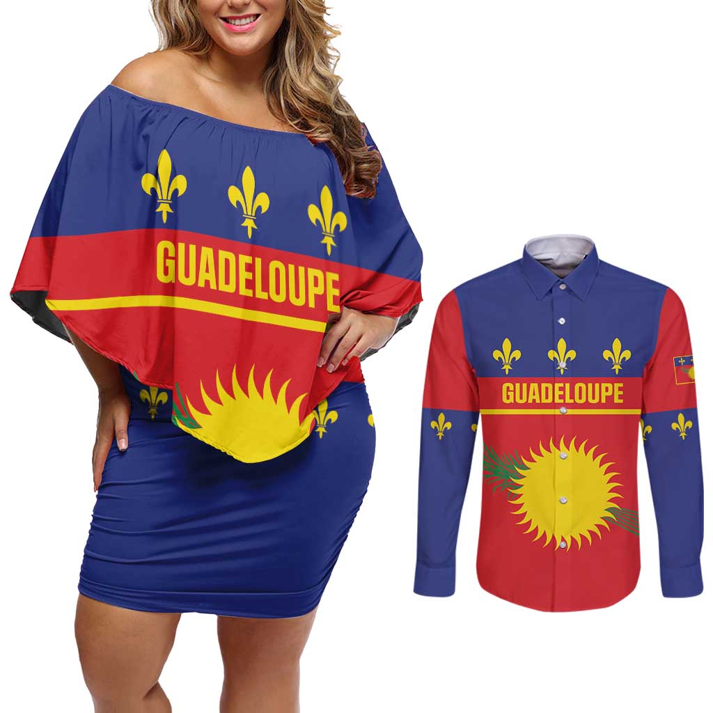 Guadeloupe Couples Matching Off Shoulder Short Dress and Long Sleeve Button Shirt Rejyon Gwadloup Red Version