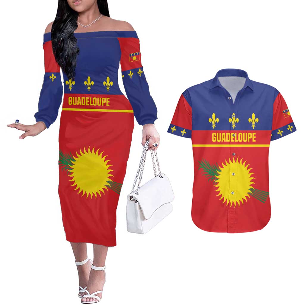 Guadeloupe Couples Matching Off The Shoulder Long Sleeve Dress and Hawaiian Shirt Rejyon Gwadloup Red Version