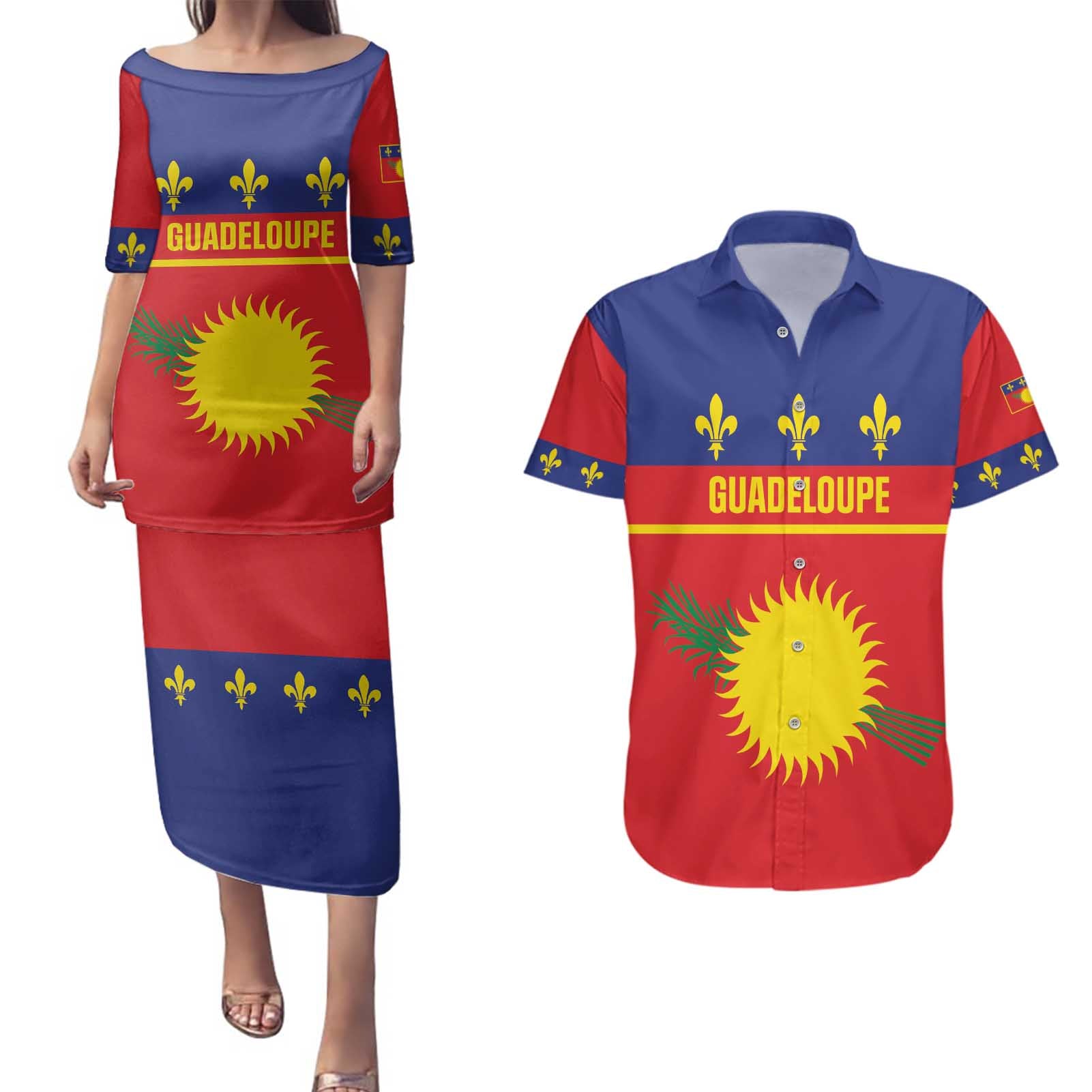 Guadeloupe Couples Matching Puletasi and Hawaiian Shirt Rejyon Gwadloup Red Version