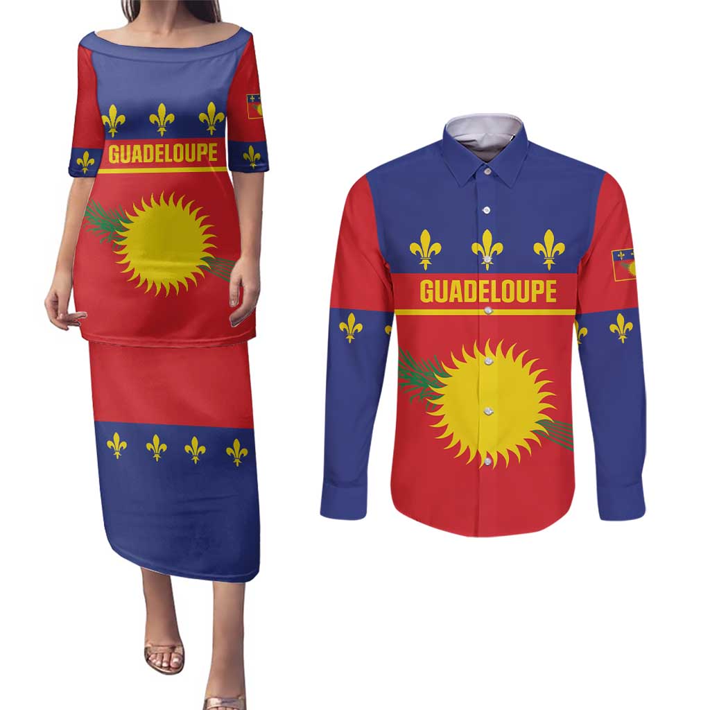 Guadeloupe Couples Matching Puletasi and Long Sleeve Button Shirt Rejyon Gwadloup Red Version