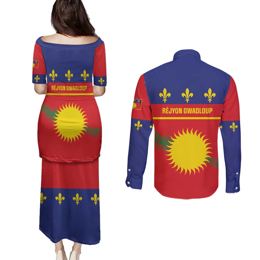 Guadeloupe Couples Matching Puletasi and Long Sleeve Button Shirt Rejyon Gwadloup Red Version
