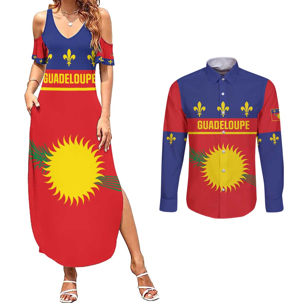 Guadeloupe Couples Matching Summer Maxi Dress and Long Sleeve Button Shirt Rejyon Gwadloup Red Version