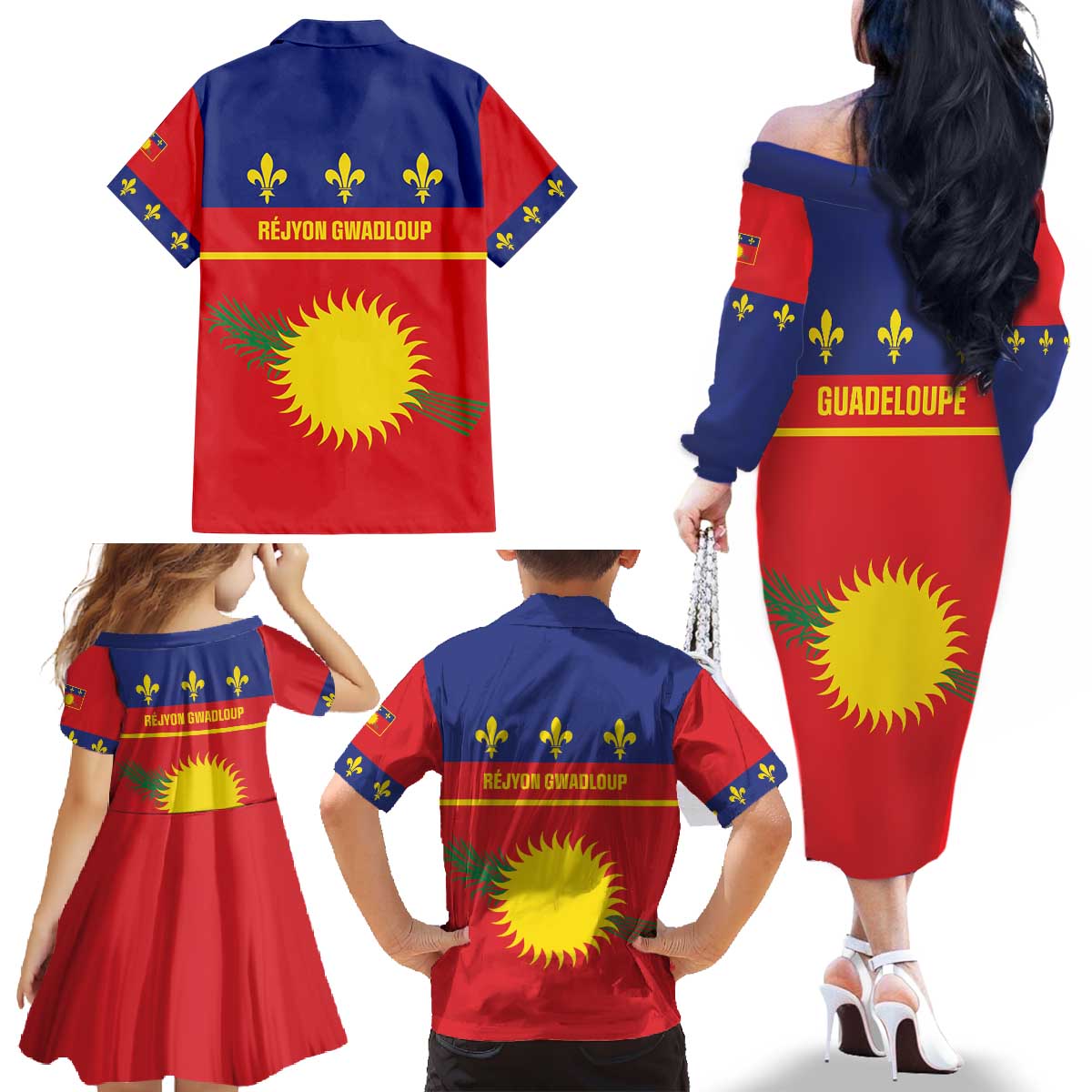 Guadeloupe Family Matching Off The Shoulder Long Sleeve Dress and Hawaiian Shirt Rejyon Gwadloup Red Version