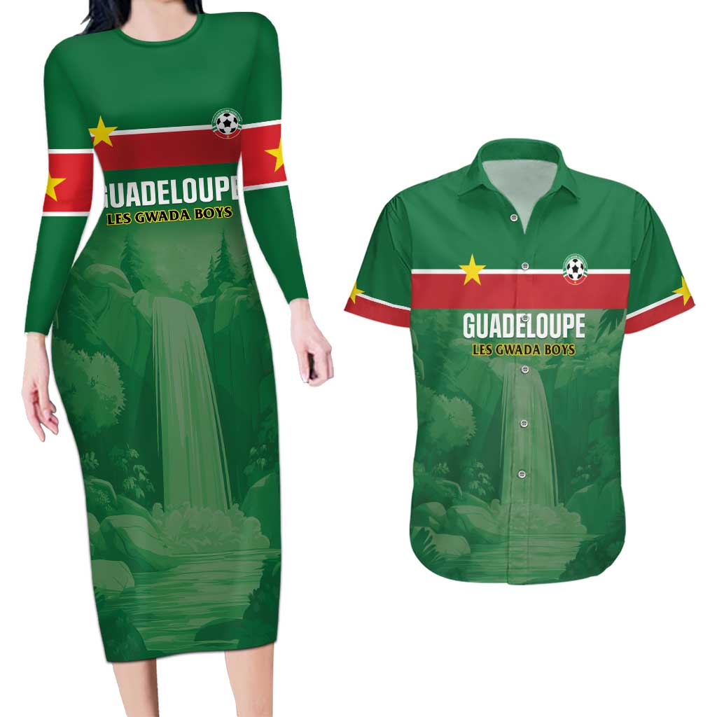 Custom Football Guadeloupe Green Couples Matching Long Sleeve Bodycon Dress and Hawaiian Shirt Les Gwada Boy Go Champions