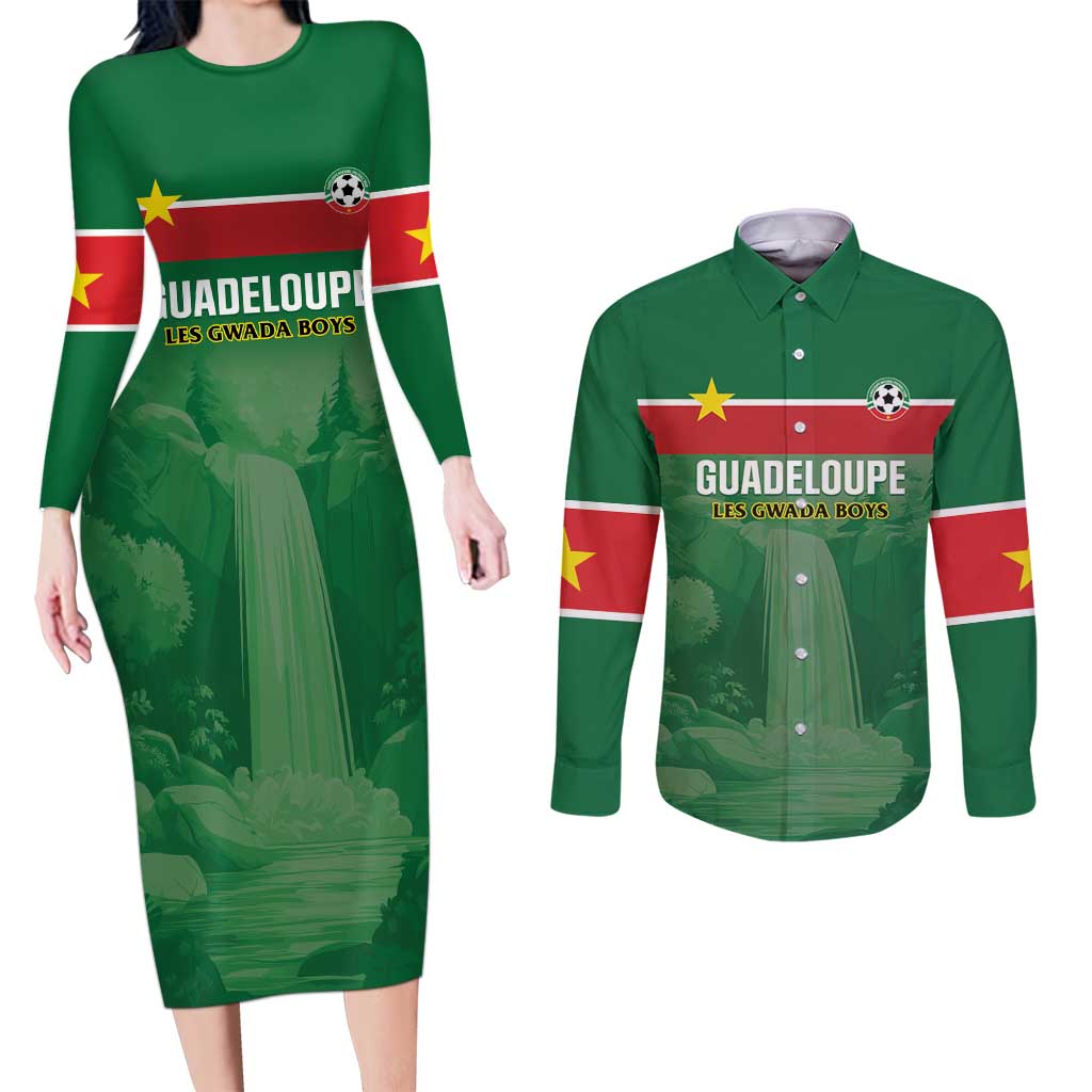 Custom Football Guadeloupe Green Couples Matching Long Sleeve Bodycon Dress and Long Sleeve Button Shirt Les Gwada Boy Go Champions
