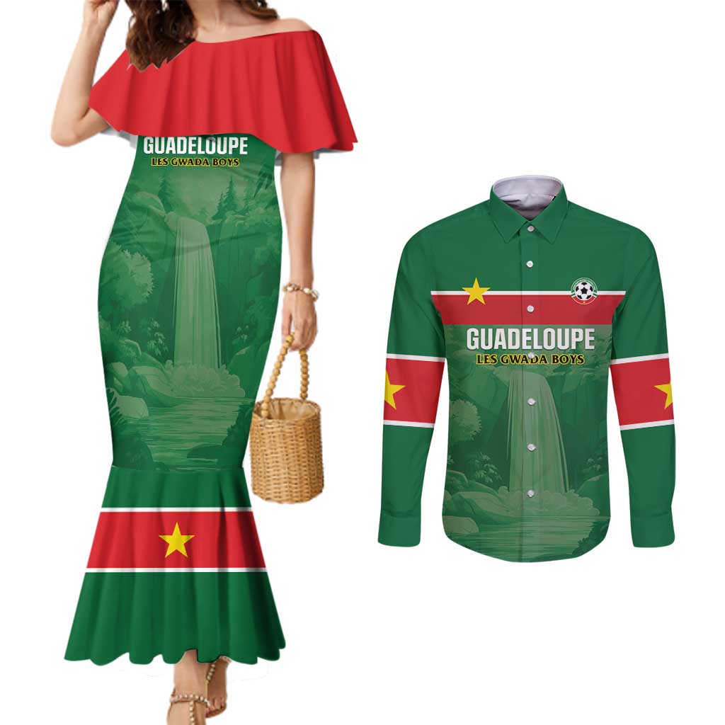Custom Football Guadeloupe Green Couples Matching Mermaid Dress and Long Sleeve Button Shirt Les Gwada Boy Go Champions
