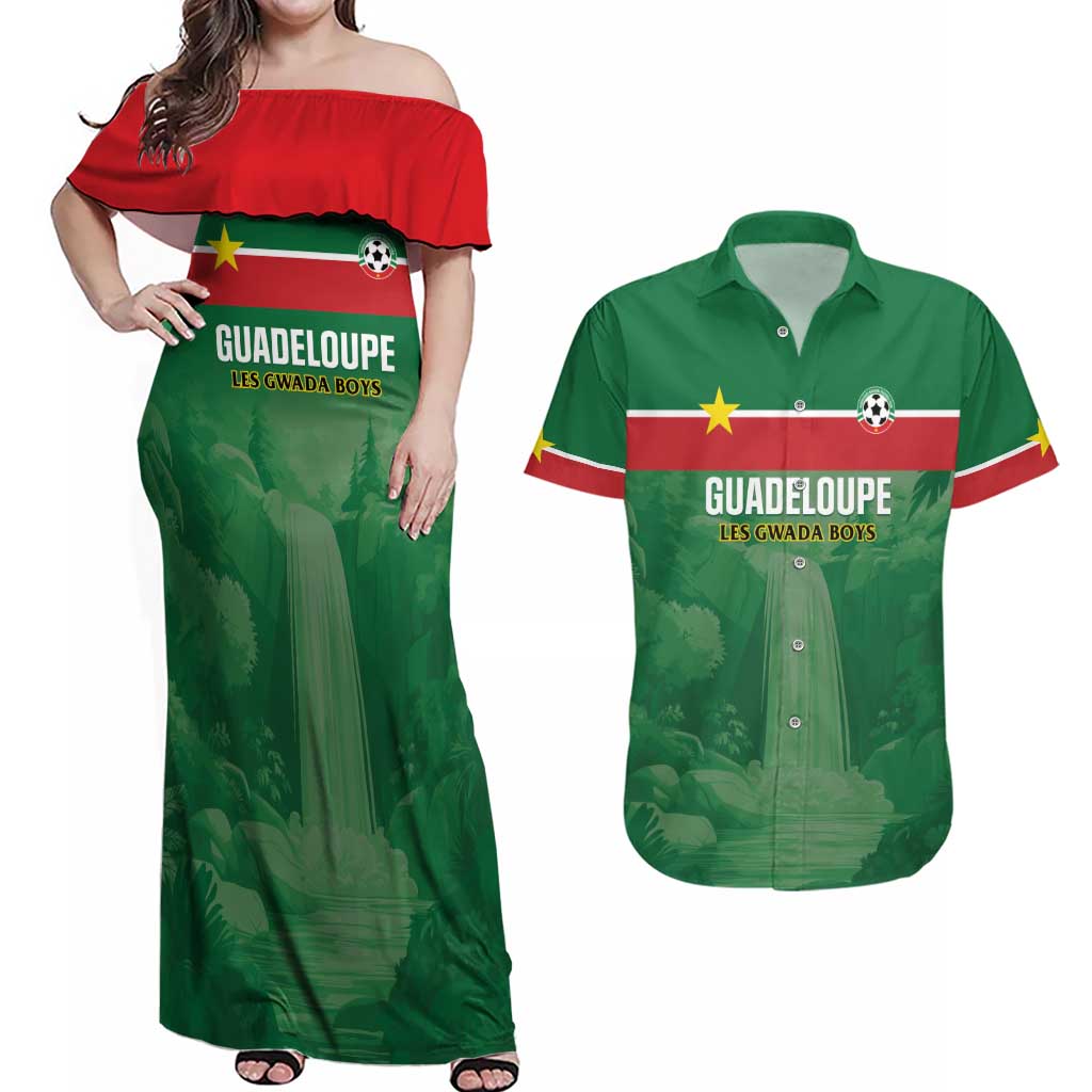 Custom Football Guadeloupe Green Couples Matching Off Shoulder Maxi Dress and Hawaiian Shirt Les Gwada Boy Go Champions