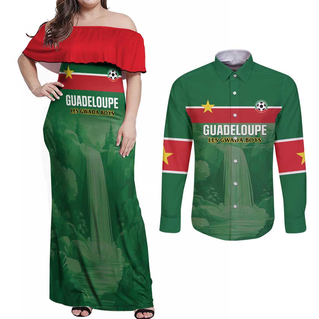 Custom Football Guadeloupe Green Couples Matching Off Shoulder Maxi Dress and Long Sleeve Button Shirt Les Gwada Boy Go Champions