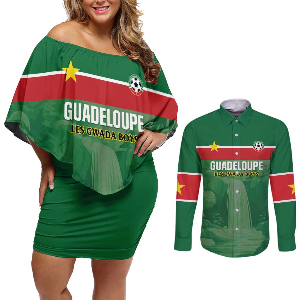 Custom Football Guadeloupe Green Couples Matching Off Shoulder Short Dress and Long Sleeve Button Shirt Les Gwada Boy Go Champions