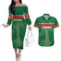 Custom Football Guadeloupe Green Couples Matching Off The Shoulder Long Sleeve Dress and Hawaiian Shirt Les Gwada Boy Go Champions