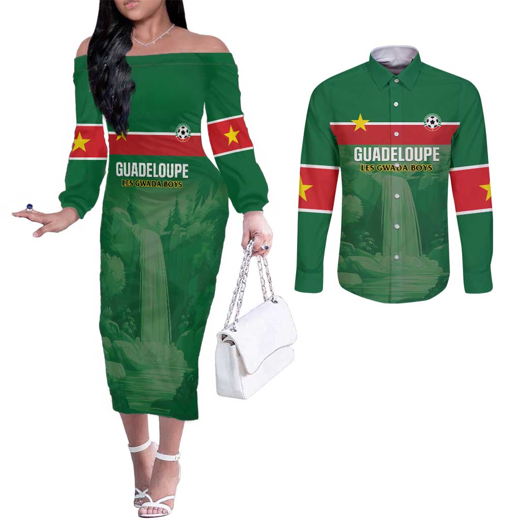 Custom Football Guadeloupe Green Couples Matching Off The Shoulder Long Sleeve Dress and Long Sleeve Button Shirt Les Gwada Boy Go Champions
