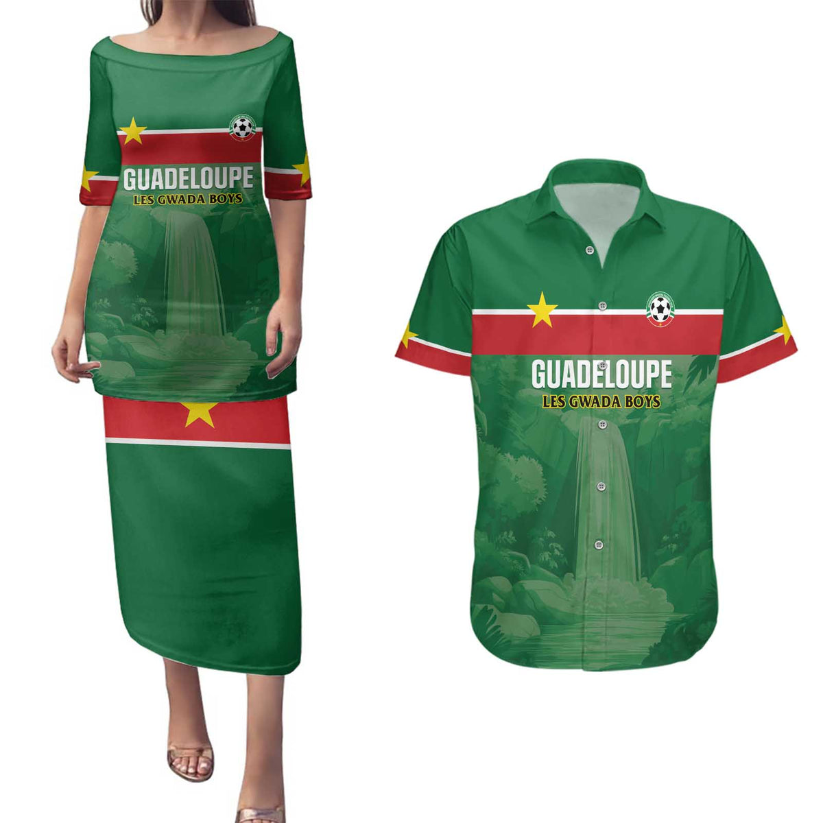 Custom Football Guadeloupe Green Couples Matching Puletasi and Hawaiian Shirt Les Gwada Boy Go Champions