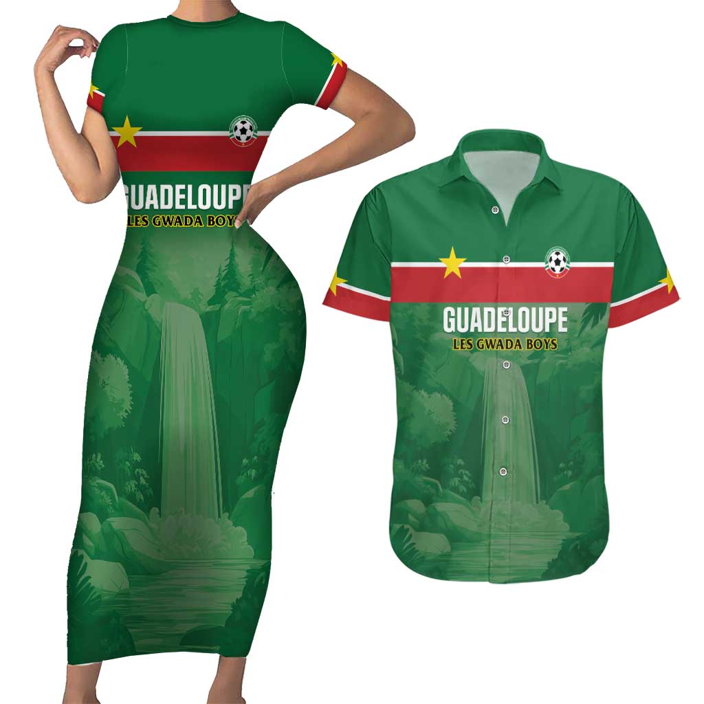 Custom Football Guadeloupe Green Couples Matching Short Sleeve Bodycon Dress and Hawaiian Shirt Les Gwada Boy Go Champions