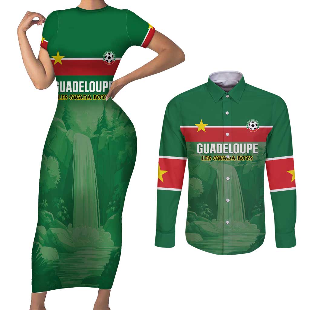 Custom Football Guadeloupe Green Couples Matching Short Sleeve Bodycon Dress and Long Sleeve Button Shirt Les Gwada Boy Go Champions