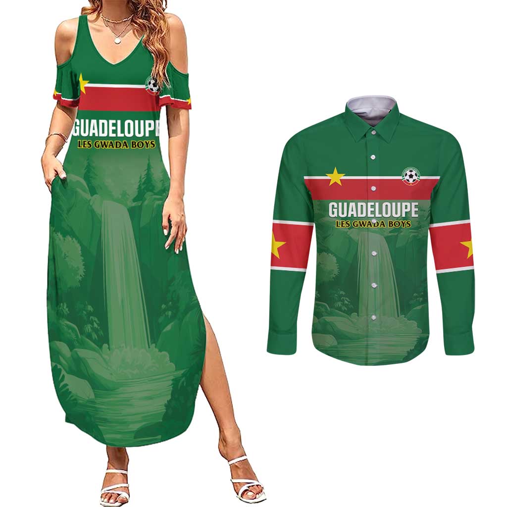 Custom Football Guadeloupe Green Couples Matching Summer Maxi Dress and Long Sleeve Button Shirt Les Gwada Boy Go Champions