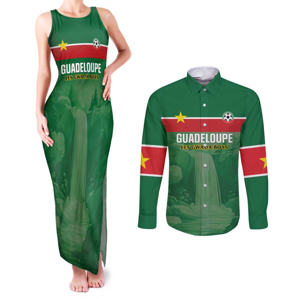 Custom Football Guadeloupe Green Couples Matching Tank Maxi Dress and Long Sleeve Button Shirt Les Gwada Boy Go Champions