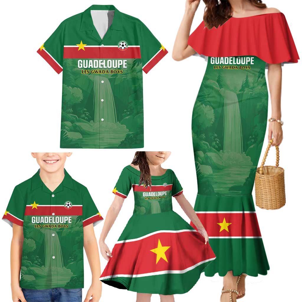 Custom Football Guadeloupe Green Family Matching Mermaid Dress and Hawaiian Shirt Les Gwada Boy Go Champions