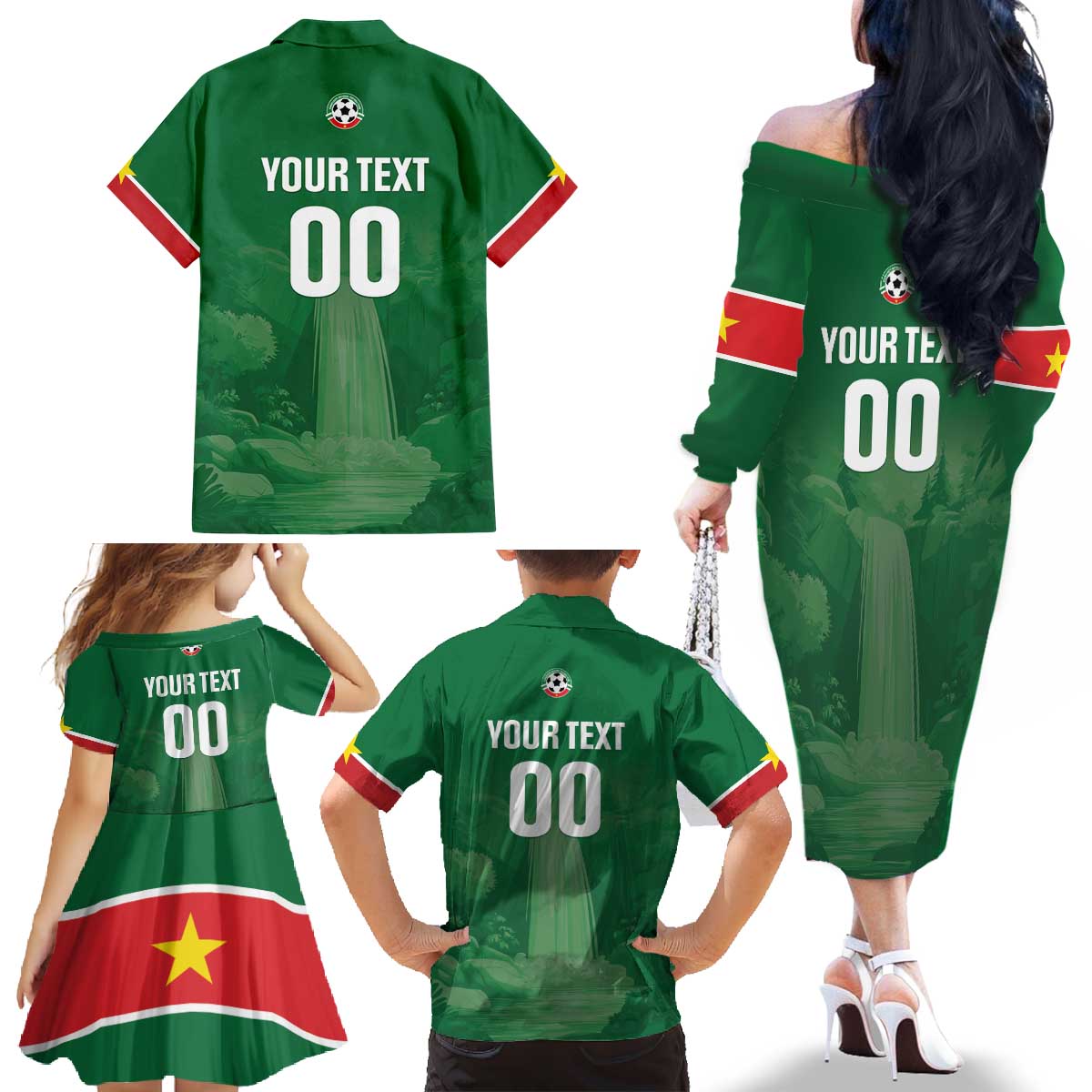 Custom Football Guadeloupe Green Family Matching Off The Shoulder Long Sleeve Dress and Hawaiian Shirt Les Gwada Boy Go Champions