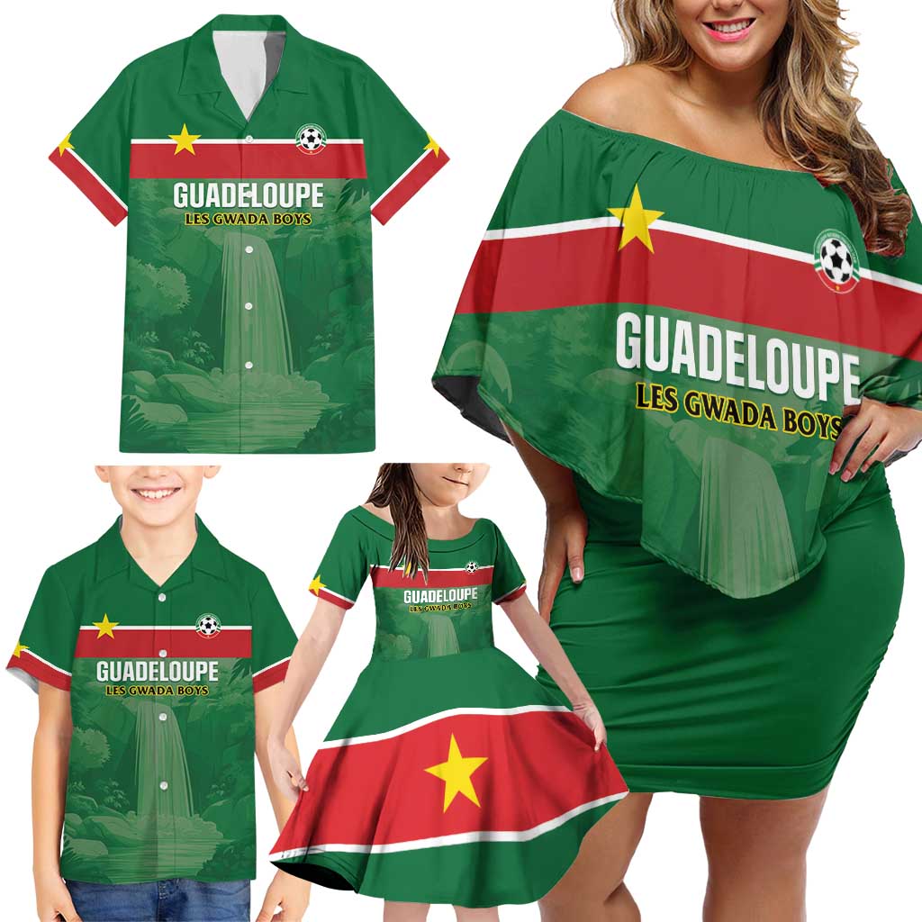 Custom Football Guadeloupe Green Family Matching Off Shoulder Short Dress and Hawaiian Shirt Les Gwada Boy Go Champions