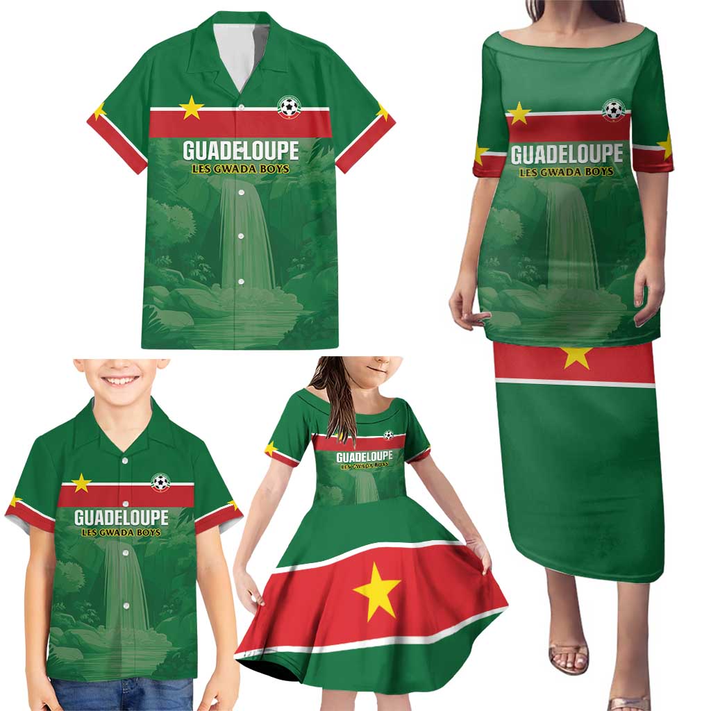 Custom Football Guadeloupe Green Family Matching Puletasi and Hawaiian Shirt Les Gwada Boy Go Champions