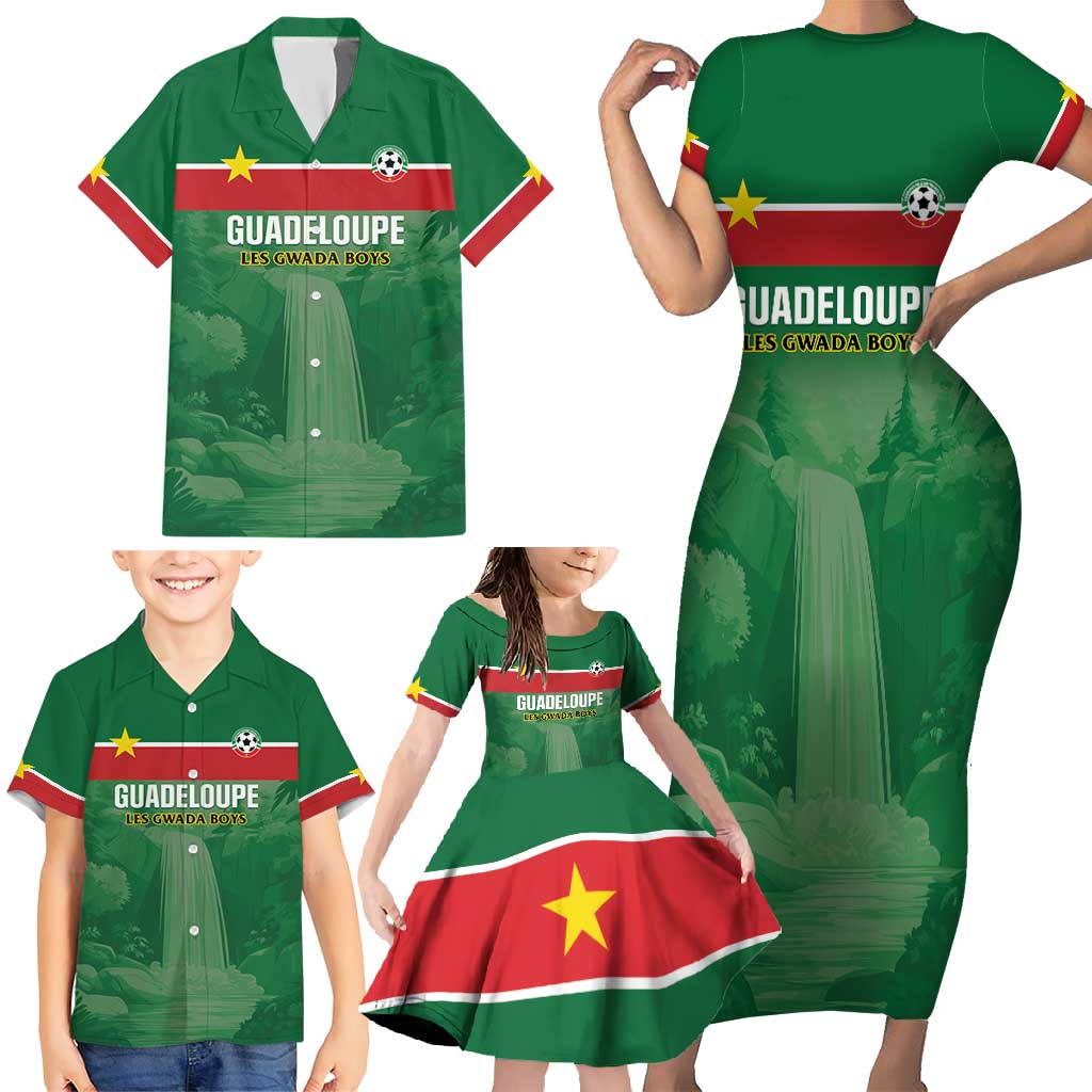 Custom Football Guadeloupe Green Family Matching Short Sleeve Bodycon Dress and Hawaiian Shirt Les Gwada Boy Go Champions