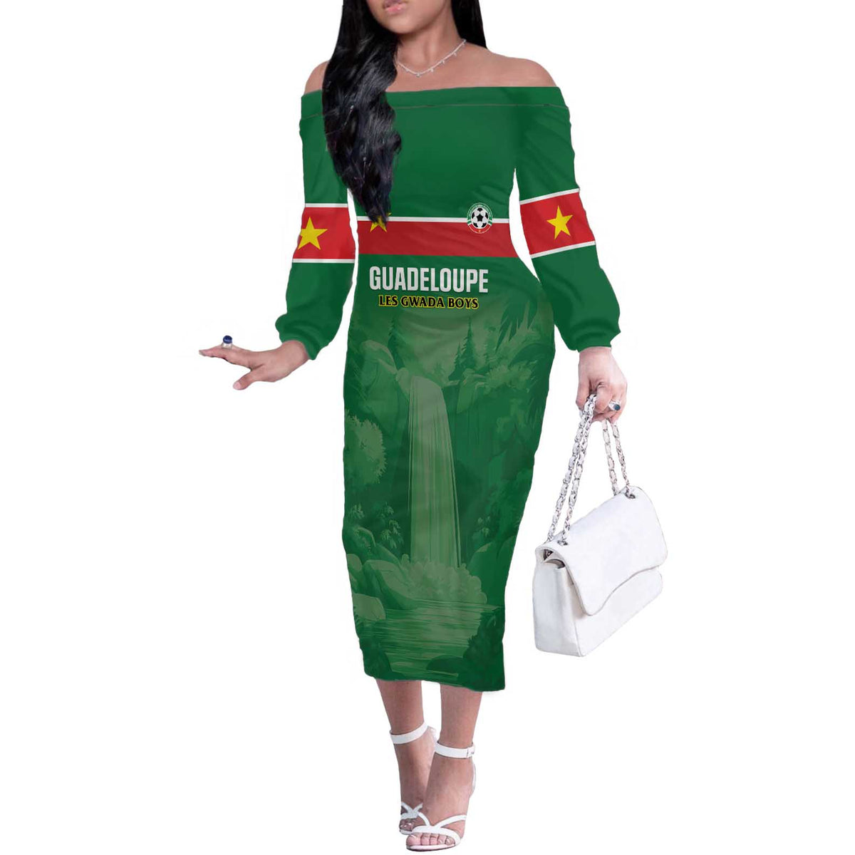 Custom Football Guadeloupe Green Off The Shoulder Long Sleeve Dress Les Gwada Boy Go Champions