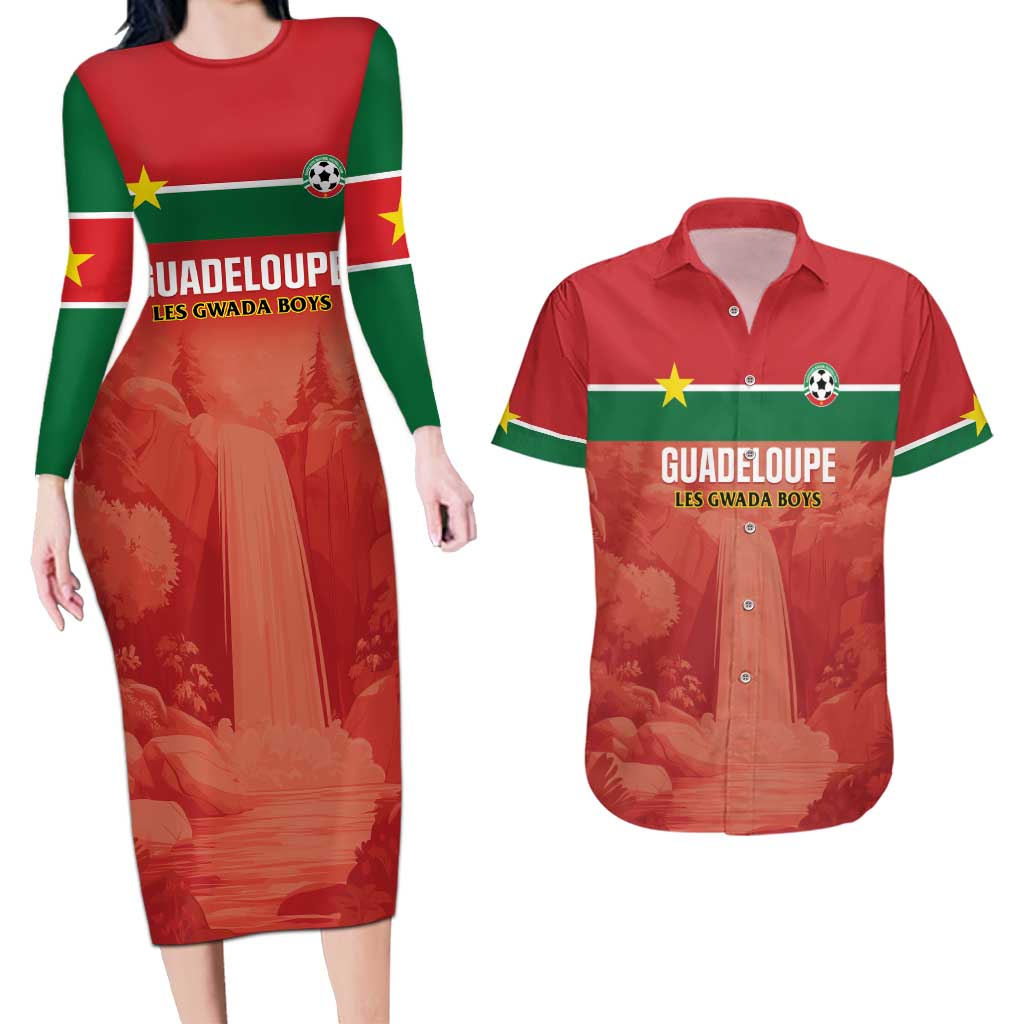 Custom Football Guadeloupe Red Couples Matching Long Sleeve Bodycon Dress and Hawaiian Shirt Les Gwada Boy Go Champions