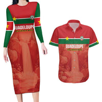 Custom Football Guadeloupe Red Couples Matching Long Sleeve Bodycon Dress and Hawaiian Shirt Les Gwada Boy Go Champions