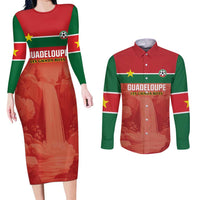 Custom Football Guadeloupe Red Couples Matching Long Sleeve Bodycon Dress and Long Sleeve Button Shirt Les Gwada Boy Go Champions