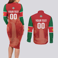 Custom Football Guadeloupe Red Couples Matching Long Sleeve Bodycon Dress and Long Sleeve Button Shirt Les Gwada Boy Go Champions